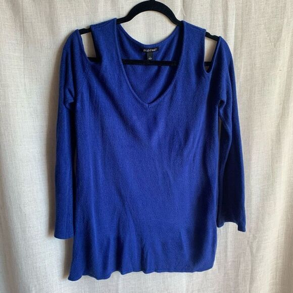 Roz & Ali Womens Large Blue Cutout Shoulder Long Sleeve V-Neck Sweater Cozy Soft - Picture 1 of 15